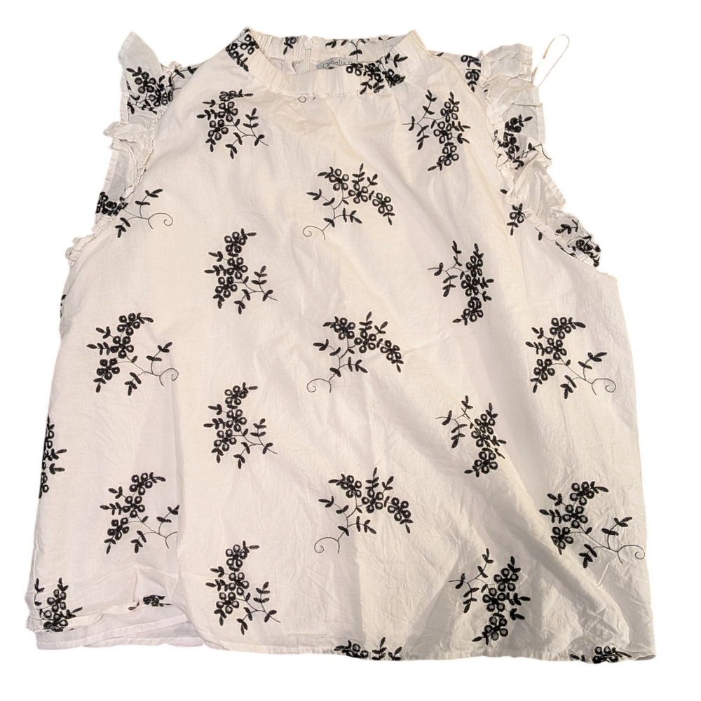 Ophelia Roe Womens 2X White Black Floral Embroidered Ruffle Sleeveless Blouse